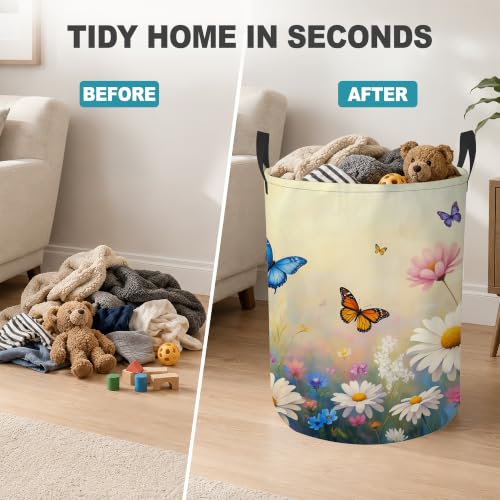 Daisy Butterfly Collapsible Laundry Hamper,Spring Flowers Waterproof Oxford Cloth Clothes Basket with Handles for Bathroom Bedroom Nursery Dorm Room,16" x 20" - color: Daisy Butterfly,Spring Flowers