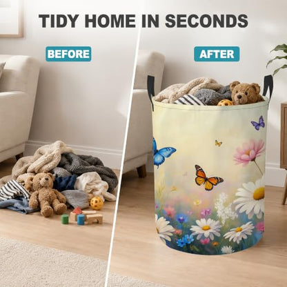 Daisy Butterfly Collapsible Laundry Hamper,Spring Flowers Waterproof Oxford Cloth Clothes Basket with Handles for Bathroom Bedroom Nursery Dorm Room,16" x 20" - color: Daisy Butterfly,Spring Flowers