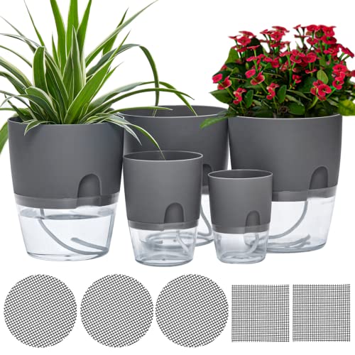 6/4.1/3.2 Inch Self Watering Planter Pots, 5 Pack African Violet Pots for Indoor Outdoor Windowsill Gardens, Self Aerating, High Drainage, Deep Reservoir(Gray) - color: Gray, size: 6in(3)+4.1in(1)+3.2in(1)