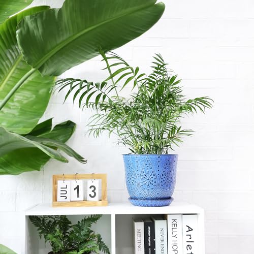Gepege 8 Inch Ceramic Plant Pot with Drainage & Saucer - color: Blue, size: 8 Inch