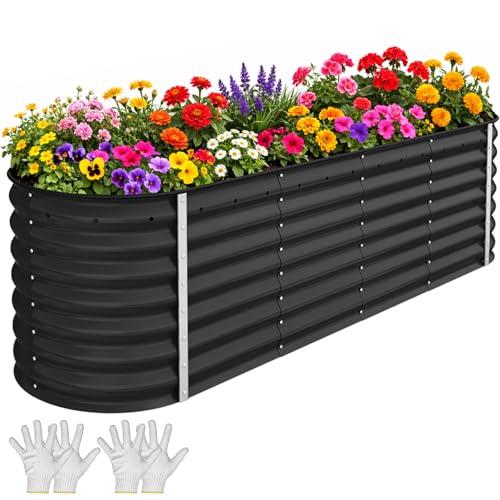 YITAHOME 8x2x2ft Galvanized Oval Raised Garden Bed, Metal Planter Box with Safety Rubber, Gloves, Outdoor Flower Bed for Planting Plants Vegetables, Black - color: Black, size: 8x2x2ft