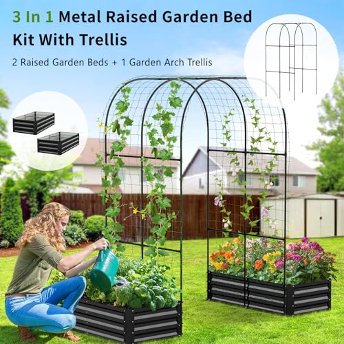 DoCred 4x2x1Ft Raised Garden Bed with 87"H Arch Trellis for Climbing Plants - color: Black