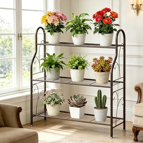SORCEDAS 3 Tier Metal Plant Stand Indoor Outdoor Corner Flower Shelf - size: 3 Tier-Bronze