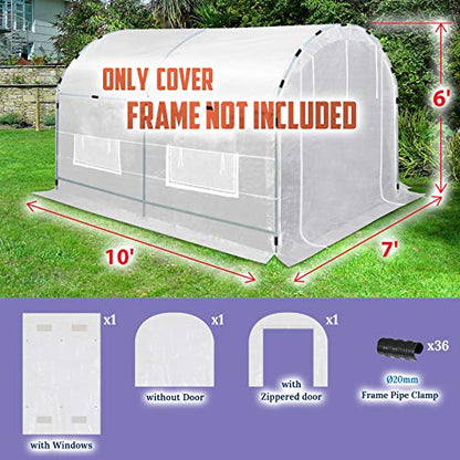 Greenhouse Replacement White Cover for Large Hot House , Support Arch Climbing Frame , Cover Comes in 3 Pieces, with ABS Clamps (Frame Does NOT Included) (10' x 7' x 6') - size: 10' x 7' x 6'
