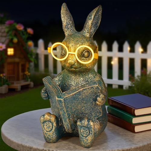 Reading Rabbit Garden Decor with Solar-Powered Glasses Light - size: Rabbit