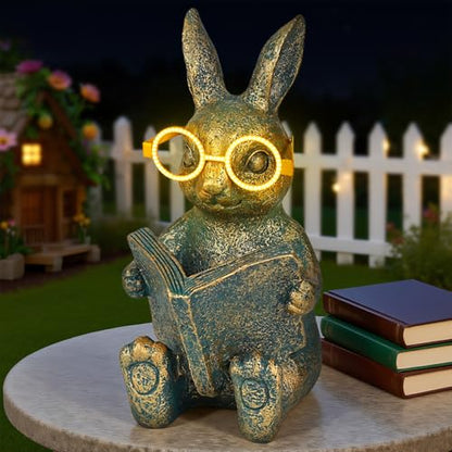 Reading Rabbit Garden Decor with Solar-Powered Glasses Light - size: Rabbit