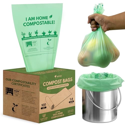 AIRNEX Small Compost Bags 1.6 Gal - 100 Compostable Kitchen Trash Bags for Countertop Bin - Cornstarch Leakproof & Tear-Resistant - OK Compost Home & Seedling Certified 0.18 mm Kitchen Garbage Bags - style: 1.6 Gal, 100 Pack