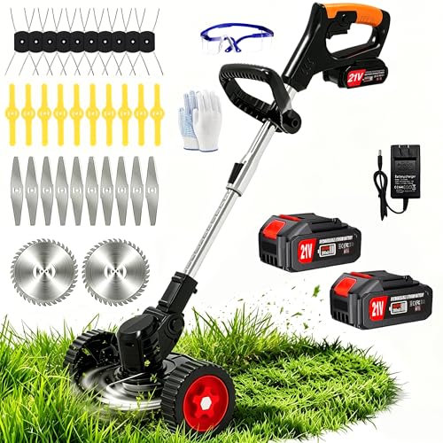 Cordless Electric Weed Wacker 4-in-1 Stringless Weed Eater Battery Powered Grass Trimmer Lawn Edger Brush Cutter, Lightweight Portable Weed Trimmer with 4 Blades & Wheels for Yard Lawn Garden