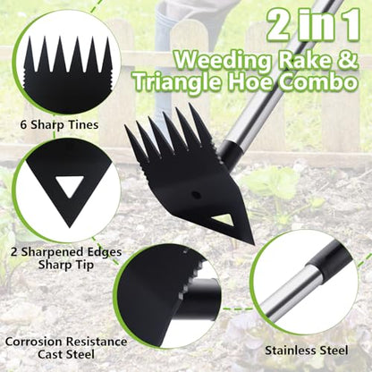 Weed Puller Tool with Long Handle, Hoe Garden Tool & Weed Rake for Weeding - color: Black
