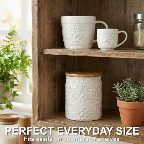 25DOL Small 30 Oz Engraved Ceramic Kitchen Canister, Airtight Bamboo Lid