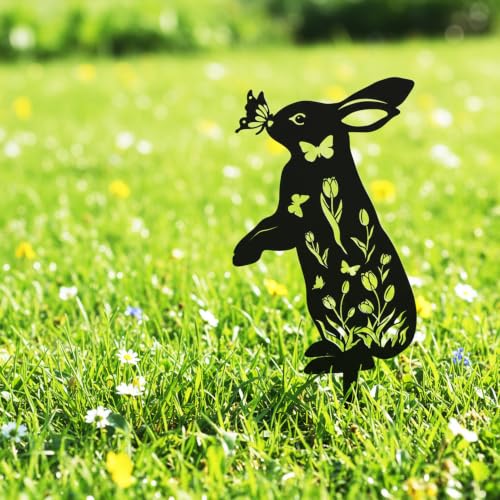 2 Pcs Metal Bunny Garden Stakes, Decorative Rabbit Silhouette Yard Art - color: Bunny