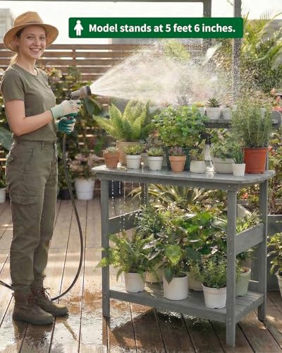 HIPS Outdoor Potting Table Bench with 3-Tier Storage Gray - color: Gray