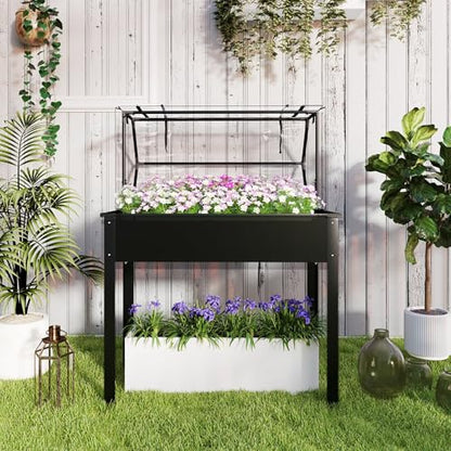 Outsunny Raised Garden Bed with Flip-Up Cover, 39.4"x18.9"x48.8", Black - color: Black