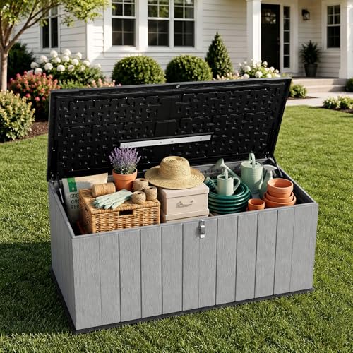 Outdoor Storage Shed, Resin Waterproof Storage Cabinet, Large Deck Box with Smooth-Opening Lid, UV Resistant & Windproof for Patio Garden Backyards, 21 Cu.Ft Dark Grey
