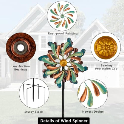 Stargarden Wind Spinners Outdoor, 13.2" Dia Metal Wind Spinner - color: Green Brown-13.2”