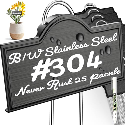 Metal Plant Labels Stainless Steel 304, Weatherproof Garden Label Tall Markers 25 Pack for Outdoor Plants Vegetables Herb Seedlings Flowers with a Pen, Label Area 3.74'' x 1.39'' Height 10.75 Inch - color: Black