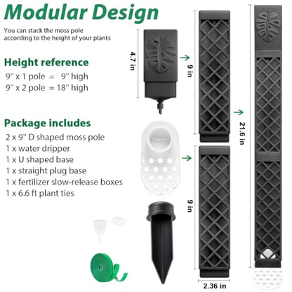 2 Pcs 9 Inch D Shaped Moss Pole with Watering Dripper, Plastic Moss Poles for Climbing Plants, Sturdy Monstera Plant Support, Self Watering Moss Pole Kit for Plants Indoor (1Pack 2Pcs-Black) - size: 1Pack 2Pcs-Black