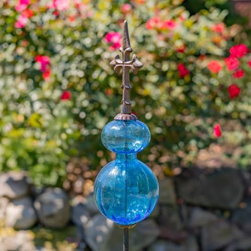 Zaer Ltd. Colored Blown Glass Garden Stake with Cast Iron Finial on Top (Pack of 2) (Cobalt Blue) - color: Cobalt Blue (Pack of 2)