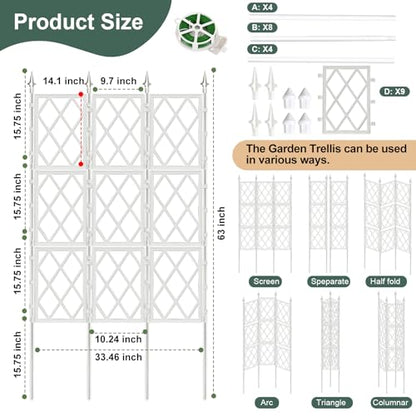 63 Inch Garden Trellis Support Fence Metal Lattice Climbing Frame White - color: White