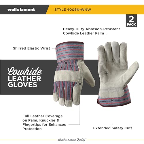 Wells Lamont Men's 2-Pack Cowhide Safety Cuff Leather Work Gloves, Large - size: Large (Pack of 2)