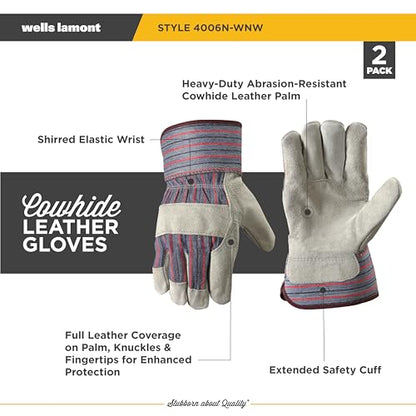 Wells Lamont Men's 2-Pack Cowhide Safety Cuff Leather Work Gloves, Large - size: Large (Pack of 2)
