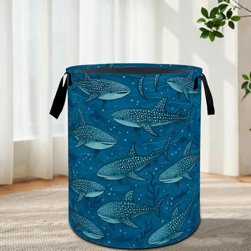 Whale Shark Laundry Basket with Handles,Ocean Marine Life Round Waterproof Clothes Storage Baskets,Collapsible Bin for Bedroom Bathroom Dorm Gifts Sea Animal Decor 19.7x15.7 Inch - color: Whale Shark