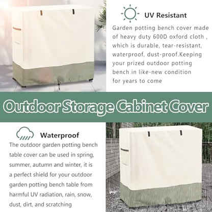 Outdoor Garden Potting Bench Table Cover with Split Zipper,Outdoor Storage Cabinet Cover,Heavy 600D Duty Waterproof Anti-UV All Weather Protection,39" x 19" x 36" -Beige - size: Beige & Green