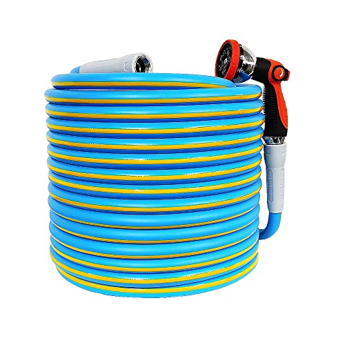HQMPC Hose Garden Hose With 5/8 in. x 50 ft., Water Hose For Garden Lawn Watering Heavy Duty Durable Material Water Hose Solid Brass Fittings With Nozzle (BLUE) - color: Blue, size: 50 Feet WITH NOZZLE