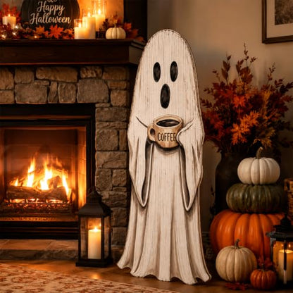 37.4 Inch Halloween Front Porch Decor, Coffee Ghost Wooden Porch Sign - style: Ghost