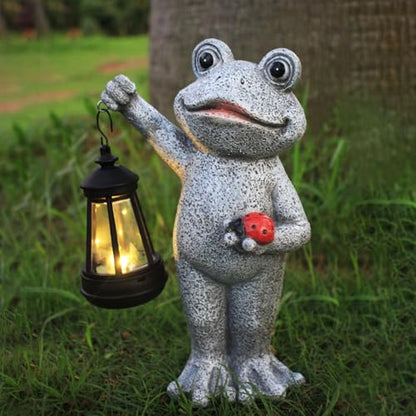Solar Frog Garden Statue, Resin Figurine with Ladybug & Hanging Solar Lantern Outdoor Decor - style: frog2