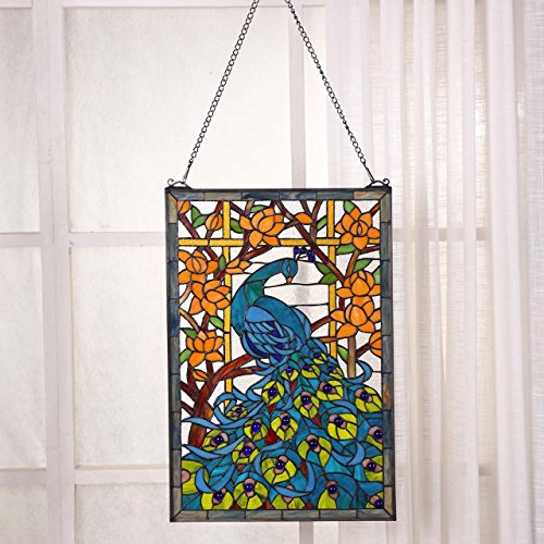 Bieye W10011 Peacock Tiffany Style Stained Glass Window Panel, Blue - size: 15"W x 23"H Rectangular
