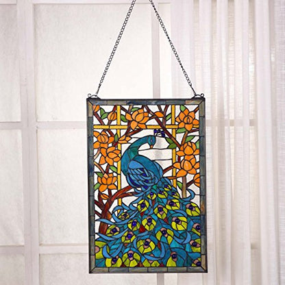 Bieye W10011 Peacock Tiffany Style Stained Glass Window Panel, Blue - size: 15"W x 23"H Rectangular
