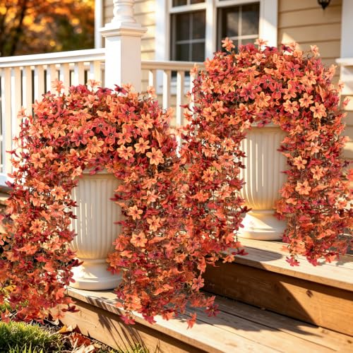 Artificial Hanging Flowers for Outdoors, 4 PCS 688-Bloom UV Resistant Mums - color: Orange Burgundy Autumn