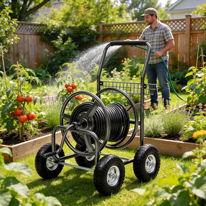 250ft Heavy Duty Hose Reel Cart with 4 Wheels, 5/8" Hose Capacity - color: Gray