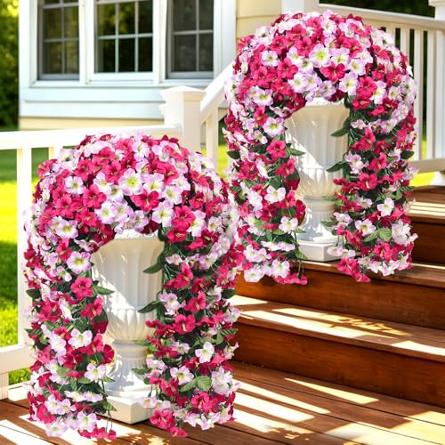 Artificial Hanging Flowers for Outdoors, 4 PCS 544 Blooms UV Resistant Morning Glory Faux Silk Vines, No-Odor Realistic Fake Plants for Garden Planter Porch Patio Decoration, Fuchsia Pink - color: Fuchsia Pink