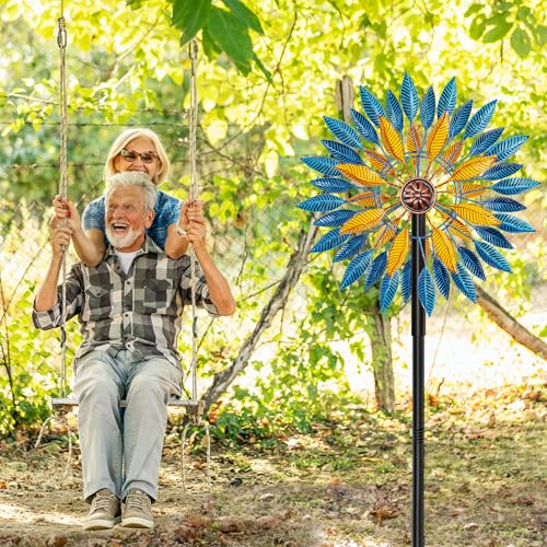 Metal Wind Spinners Outdoor Kinetic Sculpture 5-Prong Base for Garden Yard - color: Blue+yellow