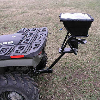 Field Tuff 12V 80 Pound Capacity Grass Seed Fertilizer Spreader with Hitch Mount Receiver and Rain Protector for ATV, UTV, or Utility Tractor