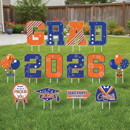 Rngmsi Graduation Yard Signs Class of 2026, 14PCS Congrats Grad 2026 Yard Sign with Stakes, Graduate Yard Decorations for College High School Outdoor Lawn Party Decor (Orange and Blue) - style: Grad 2026