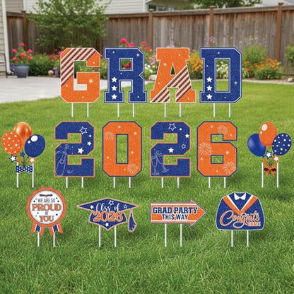 Rngmsi Graduation Yard Signs Class of 2026, 14PCS Congrats Grad 2026 Yard Sign with Stakes, Graduate Yard Decorations for College High School Outdoor Lawn Party Decor (Orange and Blue) - style: Grad 2026