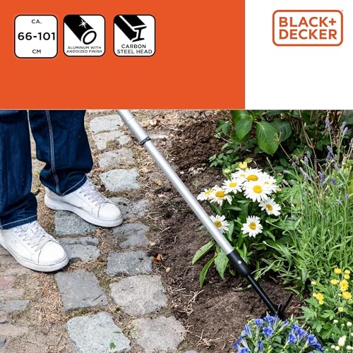 BLACK+DECKER Cultivator - Garden Rake and Hoe - Adjustable Length 66-101 cm - Cultivating and Weeding - Carbon Steel Head
