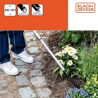 BLACK+DECKER Cultivator - Garden Rake and Hoe - Adjustable Length 66-101 cm - Cultivating and Weeding - Carbon Steel Head
