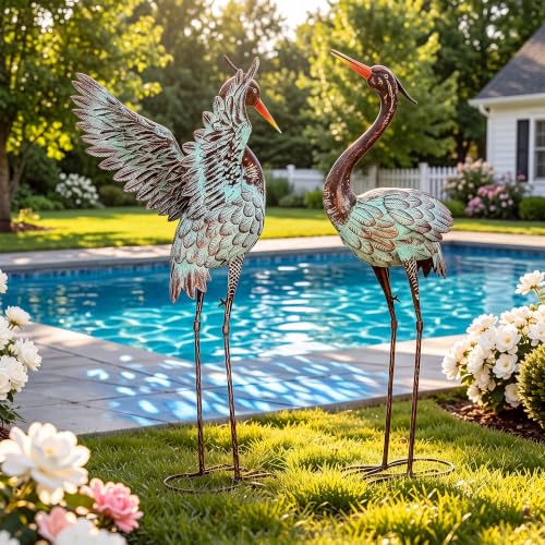 36.8" Metal Blue Heron Garden Statue, Handcrafted Crane Sculpture - color: 36" Distressed Patina Green
