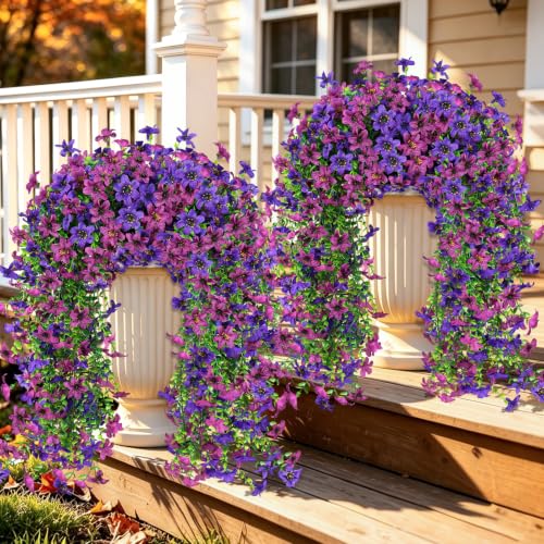 Artificial Hanging Flowers for Outdoors, 4 PCS 688-Bloom UV Resistant Mums - color: Double Purple