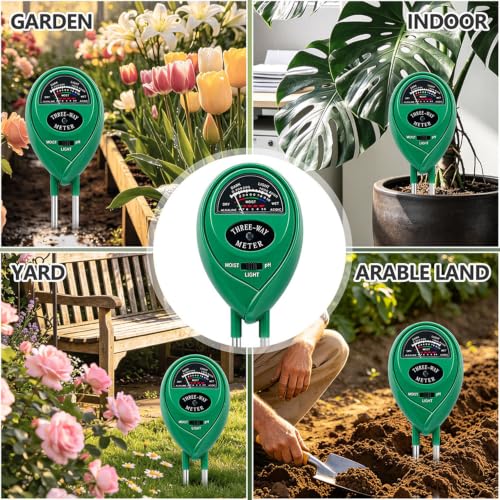 Soil Tester, Soil pH Meter, 3 in 1 Soil Test Meter for Moisture, Soil Moisture Meter for Plants, PH Value & Sunlight Hours, No Batteries Required