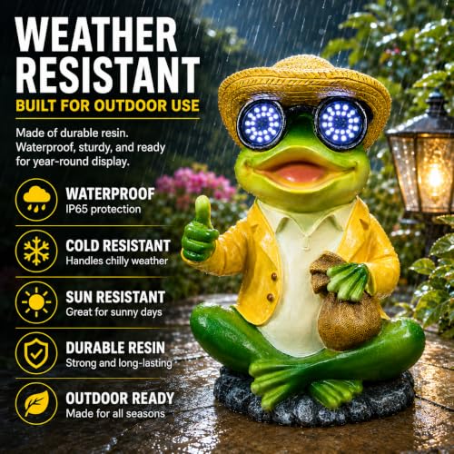 Solar Frog Statue with Blinking LED Eyes, Solar Powered Garden Decor - color: Green Solar Frog Statue