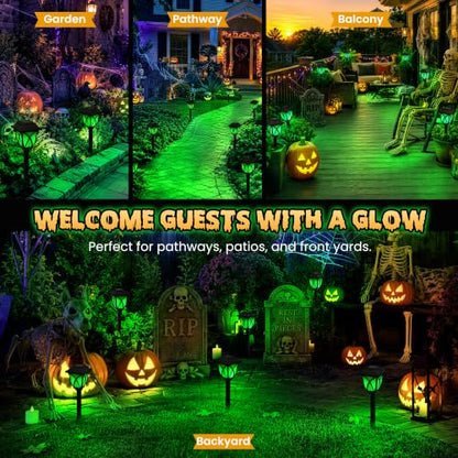 GIGALUMI Solar Halloween Lights Outdoor, LED Solar Pathway Lights 8 Pack - color: Green, size: 8 Pack