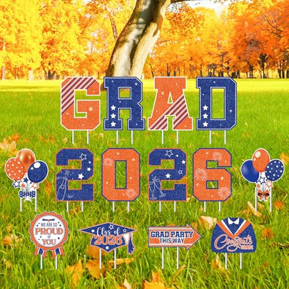 Rngmsi Graduation Yard Signs Class of 2026, 14PCS Congrats Grad 2026 Yard Sign with Stakes, Graduate Yard Decorations for College High School Outdoor Lawn Party Decor (Orange and Blue) - style: Grad 2026