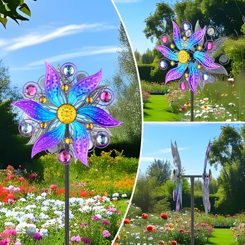 Violet Metal Wind Spinner Outdoor, Kinetic Yard Art with Stake