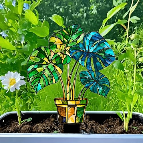 Stained Glass Monstera Plant Acrylic Garden Stake, Indoor and Outdoor Garden Acrylic Decoration, Idea Gift for Flower Potted Ornament and Landscape Beautification, Suitable for Courtyards and Lawn
