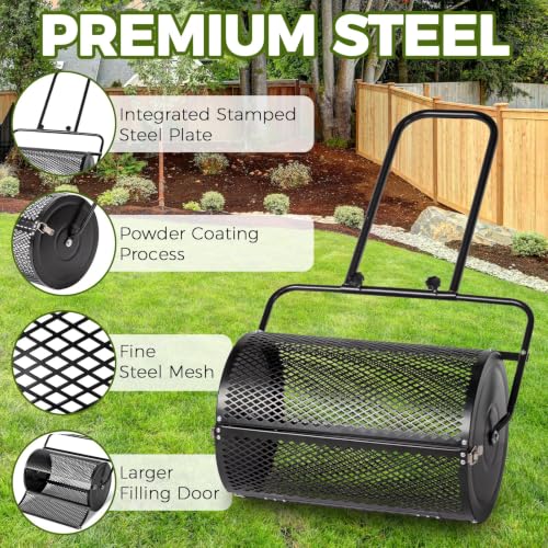 VINGLI Compost Spreader, Peat Moss Spreader with Height Adjustable Handle, T Shaped Handle Peat Moss Roller, Seed Spreader for Lawn Backyard Outdoor (24“ -Black U Shape)